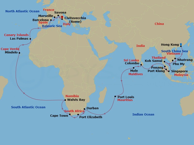 49 Night - Round World from Hongkong - Costa Deliziosa - Starting in Hong Kong, Nha Trang, Phu My (Ho Chi Minh City), Koh Samui, Singapore, Port Kelang (Kuala Lumpur), Penang, Colombo, Male, Port Louis, Durban, Port Elizabeth ZA, Cape Town, Walvis Bay, Mindelo (Sao Vicente), Las Palmas (Gran Canaria), Barcelona, Marseille, Savona, Civitavecchia (Rome) itinerary map