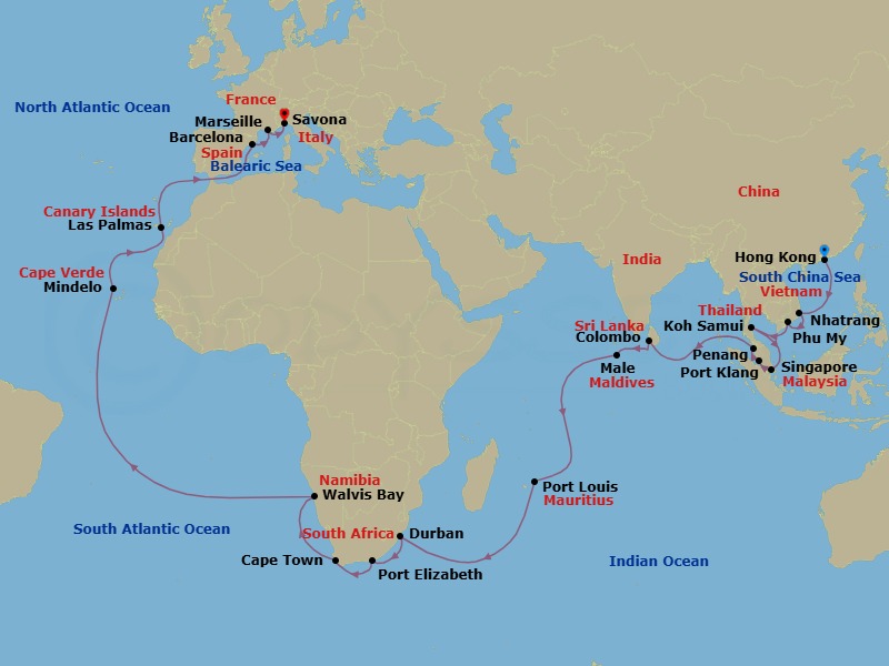 48 Night - Round World from Hongkong - Costa Deliziosa - Starting in Hong Kong, Nha Trang, Phu My (Ho Chi Minh City), Koh Samui, Singapore, Port Kelang (Kuala Lumpur), Penang, Colombo, Male, Port Louis, Durban, Port Elizabeth ZA, Cape Town, Walvis Bay, Mindelo (Sao Vicente), Las Palmas (Gran Canaria), Barcelona, Marseille, Savona itinerary map