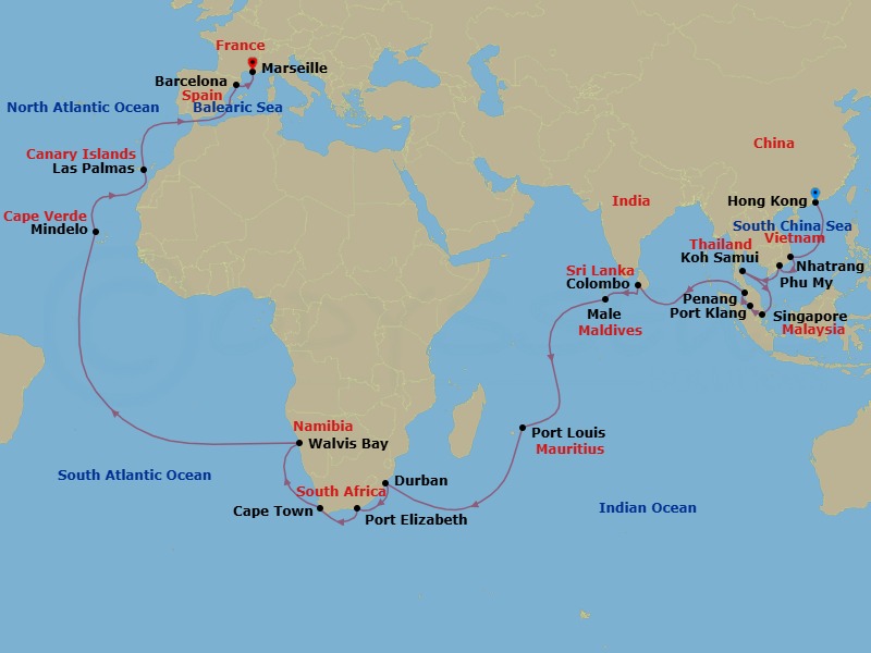 47 Night - Round World from Hongkong - Costa Deliziosa - Starting in Hong Kong, Nha Trang, Phu My (Ho Chi Minh City), Koh Samui, Singapore, Port Kelang (Kuala Lumpur), Penang, Colombo, Male, Port Louis, Durban, Port Elizabeth ZA, Cape Town, Walvis Bay, Mindelo (Sao Vicente), Las Palmas (Gran Canaria), Barcelona, Marseille itinerary map