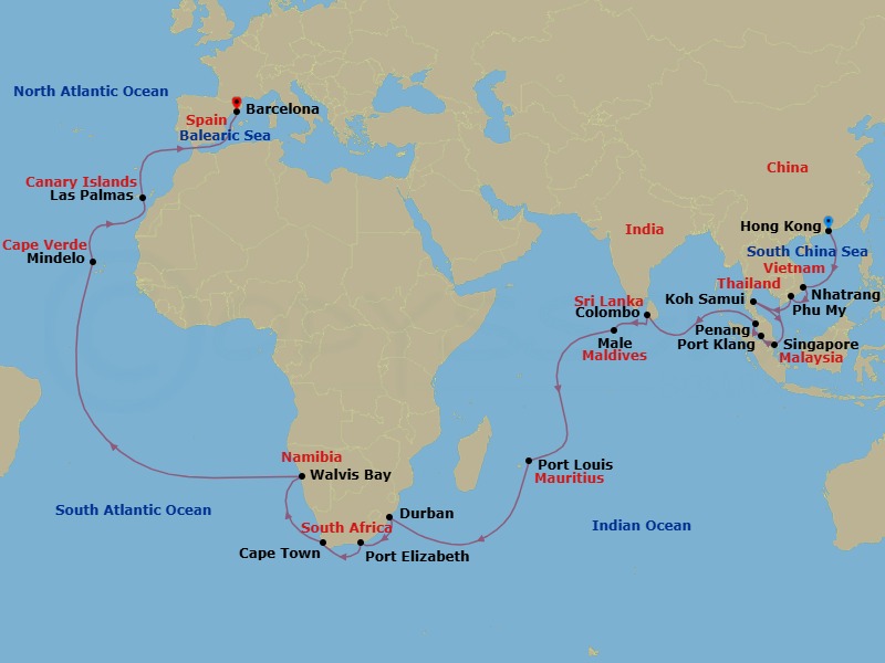 46 Night - Round World from Hongkong - Costa Deliziosa - Starting in Hong Kong, Nha Trang, Phu My (Ho Chi Minh City), Koh Samui, Singapore, Port Kelang (Kuala Lumpur), Penang, Colombo, Male, Port Louis, Durban, Port Elizabeth ZA, Cape Town, Walvis Bay, Mindelo (Sao Vicente), Las Palmas (Gran Canaria), Barcelona itinerary map