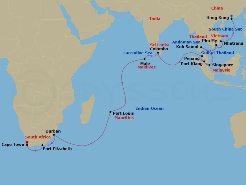 29 Night - Round World from Hongkong - Costa Deliziosa - Starting in Hong Kong, Nha Trang, Phu My (Ho Chi Minh City), Koh Samui, Singapore, Port Kelang (Kuala Lumpur), Penang, Colombo, Male, Port Louis, Durban, Port Elizabeth ZA, Cape Town itinerary map
