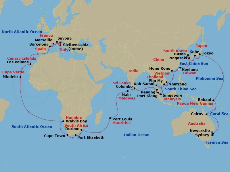 74 Night - Round World from Sydney - Costa Deliziosa - Starting in Sydney AU, Newcastle UK, New South Wales, Cairns, Rabaul, Tokyo, Kobe (Kyoto), Nagasaki, Pusan, Keelung (Taipei), Hong Kong, Nha Trang, Phu My (Ho Chi Minh City), Koh Samui, Singapore, Port Kelang (Kuala Lumpur), Penang, Colombo, Male, Port Louis, Durban, Port Elizabeth ZA, Cape Town, Walvis Bay, Mindelo (Sao Vicente), Las Palmas (Gran Canaria), Barcelona, Marseille, Savona, Civitavecchia (Rome) itinerary map