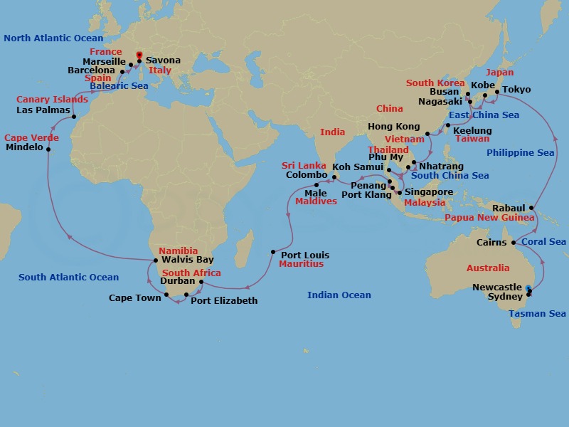 73 Night - Round World from Sydney - Costa Deliziosa - Starting in Sydney AU, Newcastle UK, New South Wales, Cairns, Rabaul, Tokyo, Kobe (Kyoto), Nagasaki, Pusan, Keelung (Taipei), Hong Kong, Nha Trang, Phu My (Ho Chi Minh City), Koh Samui, Singapore, Port Kelang (Kuala Lumpur), Penang, Colombo, Male, Port Louis, Durban, Port Elizabeth ZA, Cape Town, Walvis Bay, Mindelo (Sao Vicente), Las Palmas (Gran Canaria), Barcelona, Marseille, Savona itinerary map
