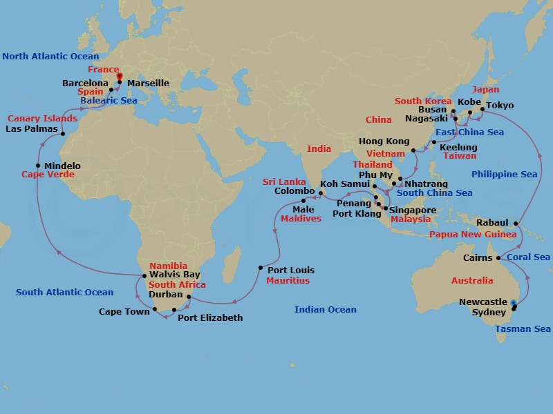 72 Night - Round World from Sydney - Costa Deliziosa - Starting in Sydney AU, Newcastle UK, New South Wales, Cairns, Rabaul, Tokyo, Kobe (Kyoto), Nagasaki, Pusan, Keelung (Taipei), Hong Kong, Nha Trang, Phu My (Ho Chi Minh City), Koh Samui, Singapore, Port Kelang (Kuala Lumpur), Penang, Colombo, Male, Port Louis, Durban, Port Elizabeth ZA, Cape Town, Walvis Bay, Mindelo (Sao Vicente), Las Palmas (Gran Canaria), Barcelona, Marseille itinerary map