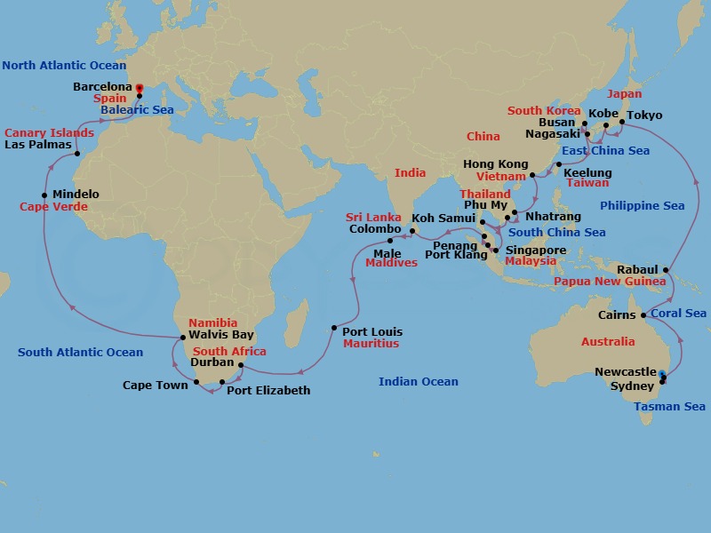 71 Night - Round World from Sydney - Costa Deliziosa - Starting in Sydney AU, Newcastle UK, New South Wales, Cairns, Rabaul, Tokyo, Kobe (Kyoto), Nagasaki, Pusan, Keelung (Taipei), Hong Kong, Nha Trang, Phu My (Ho Chi Minh City), Koh Samui, Singapore, Port Kelang (Kuala Lumpur), Penang, Colombo, Male, Port Louis, Durban, Port Elizabeth ZA, Cape Town, Walvis Bay, Mindelo (Sao Vicente), Las Palmas (Gran Canaria), Barcelona itinerary map