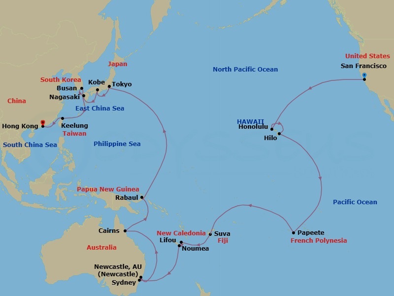 51 Night - Round World from San Francisco - Costa Deliziosa - Starting in San Francisco, Honolulu, Hilo, Papeete (Tahiti), Suva, Lifou (Loyalty Islands), Noumea, Sydney AU, Newcastle UK, New South Wales, Cairns, Rabaul, Tokyo, Kobe (Kyoto), Nagasaki, Pusan, Keelung (Taipei), Hong Kong itinerary map