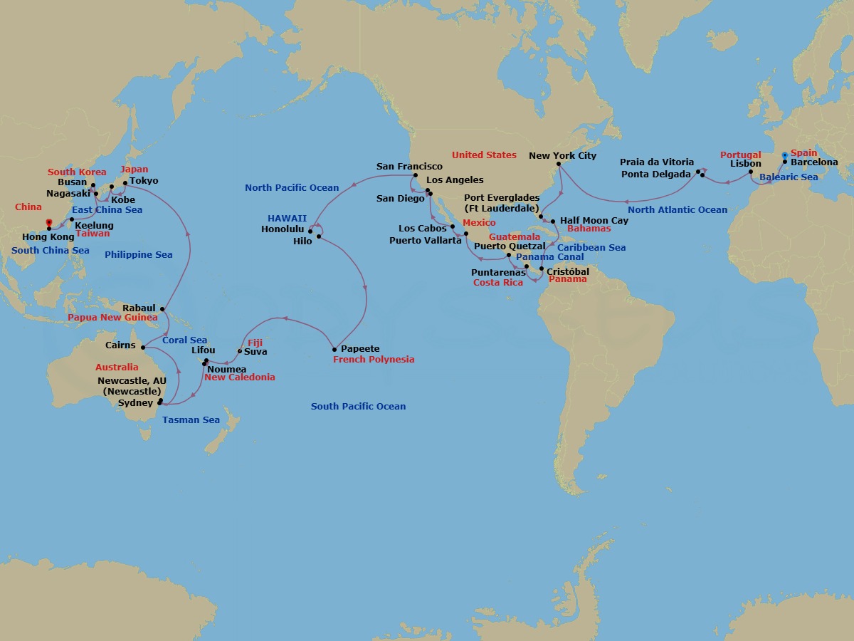 88 Night - Round World from Barcelona - Costa Deliziosa - Starting in Barcelona, Lisbon, Ponta Delgada (Azores), Praia da Vitoria (Azores), New York, Port Everglades, Half Moon Cay, Panama City, Puntarenas, Puerto Quetzal, Puerto Vallarta, Cabo San Lucas, San Diego, Los Angeles, San Francisco, Honolulu, Hilo, Papeete (Tahiti), Suva, Lifou (Loyalty Islands), Noumea, Sydney AU, Newcastle UK, New South Wales, Cairns, Rabaul, Tokyo, Kobe (Kyoto), Nagasaki, Pusan, Keelung (Taipei), Hong Kong itinerary map