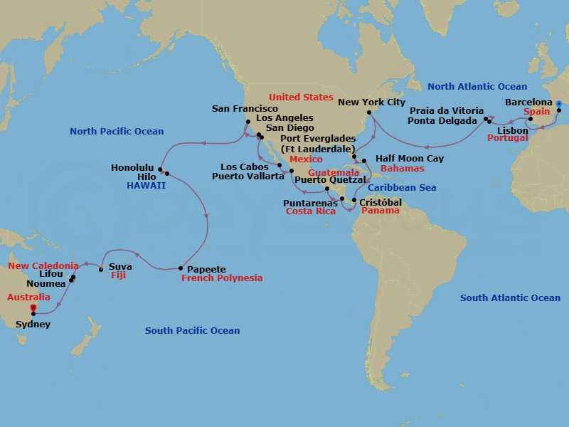 63 Night - Round World from Barcelona - Costa Deliziosa - Starting in Barcelona, Lisbon, Ponta Delgada (Azores), Praia da Vitoria (Azores), New York, Port Everglades, Half Moon Cay, Panama City, Puntarenas, Puerto Quetzal, Puerto Vallarta, Cabo San Lucas, San Diego, Los Angeles, San Francisco, Honolulu, Hilo, Papeete (Tahiti), Suva, Lifou (Loyalty Islands), Noumea, Sydney AU itinerary map