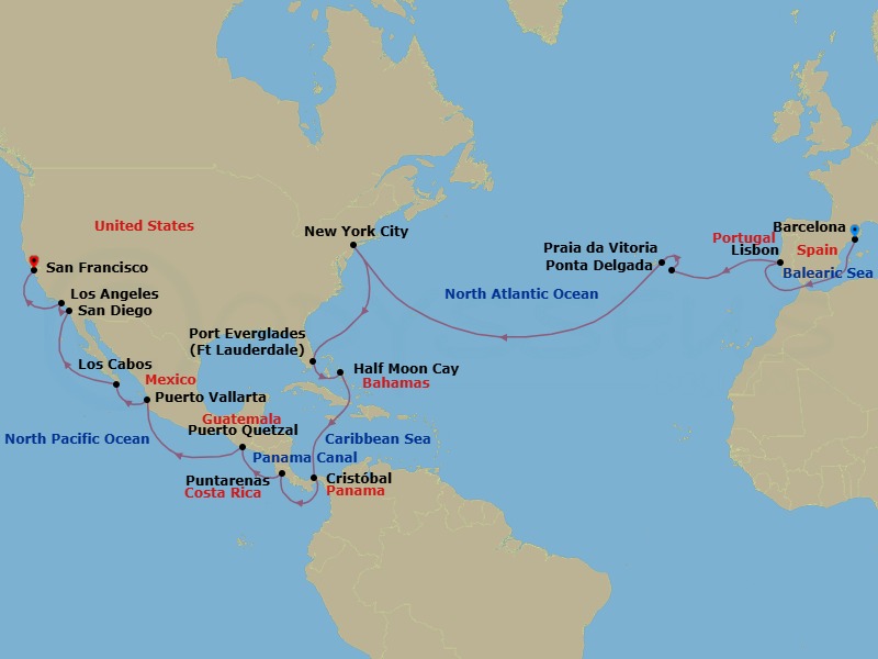 37 Night - Round World from Barcelona - Costa Deliziosa - Starting in Barcelona, Lisbon, Ponta Delgada (Azores), Praia da Vitoria (Azores), New York, Port Everglades, Half Moon Cay, Panama City, Puntarenas, Puerto Quetzal, Puerto Vallarta, Cabo San Lucas, San Diego, Los Angeles, San Francisco itinerary map