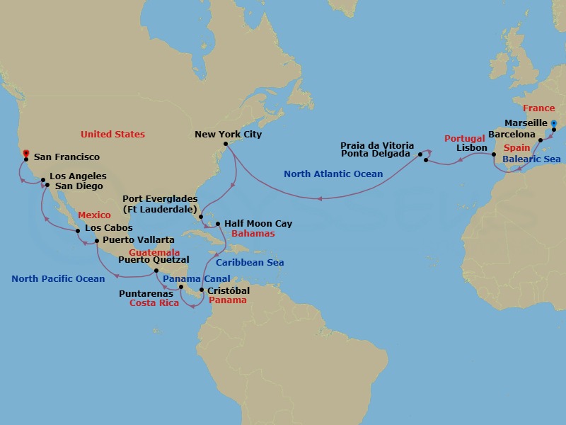 38 Night - Round World from Marseille - Costa Deliziosa - Starting in Marseille, Barcelona, Lisbon, Ponta Delgada (Azores), Praia da Vitoria (Azores), New York, Port Everglades, Half Moon Cay, Panama City, Puntarenas, Puerto Quetzal, Puerto Vallarta, Cabo San Lucas, San Diego, Los Angeles, San Francisco itinerary map