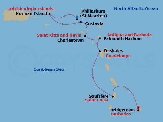 7 Night - Eastern Caribbean with St. Barths - Emerald Azzurra - Starting in Philipsburg, Sint Maarten, Norman Island, British Virgin Islands, Gustavia, Saint Barthelemy, Charlestown, Saint Kitts and Nevis / Cades Bay, Saint Kitts and Nevis, Falmouth Bay (English Harbour), Antigua and Barbuda, Deshaies, Guadeloupe, Soufriere, Saint Lucia, Bridgetown, Barbados itinerary map