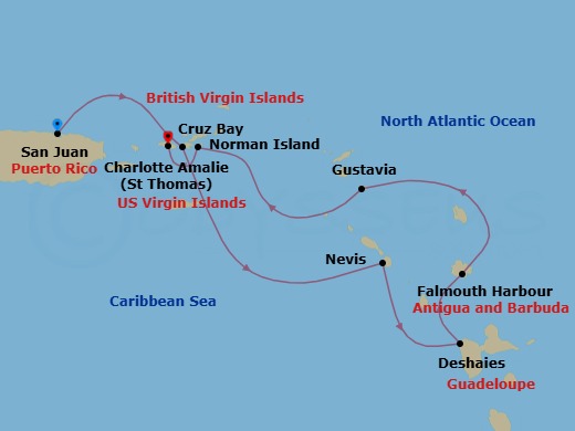 7 Night - Quintessential Caribbean - Emerald Sakara - Starting in San Juan, Puerto Rico, St John VI (Cruz Bay), US Virgin Islands, Nevis, Saint Kitts and Nevis, Deshaies, Guadeloupe, Falmouth Harbour, Antigua and Barbuda, Gustavia, Saint Barthelemy, Norman Island, British Virgin Islands, Saint Thomas, US Virgin Islands itinerary map