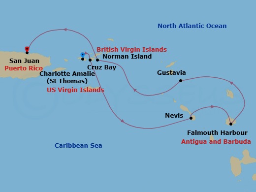6 Night - Splendours of the Caribbean - Emerald Sakara - Starting in Saint Thomas, US Virgin Islands, St John VI (Cruz Bay), US Virgin Islands, Nevis, Saint Kitts and Nevis, Falmouth Harbour, Antigua and Barbuda, Gustavia, Saint Barthelemy, Norman Island, British Virgin Islands, San Juan, Puerto Rico itinerary map
