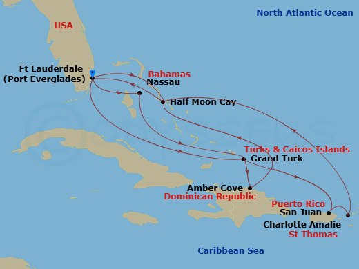 14 Night - Eastern Caribbean : Bahamas & San Juan - Nieuw Statendam - Starting in Fort Lauderdale, Florida, Nassau, Bahamas, Grand Turk, Turks and Caicos, Amber Cove, Dominican Republic, RelaxAway, Half Moon Cay, Bahamas, Fort Lauderdale, Florida, Grand Turk, Turks and Caicos, San Juan, Puerto Rico, St Thomas, US Virgin Islands, RelaxAway, Half Moon Cay, Bahamas, Fort Lauderdale, Florida itinerary map