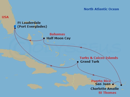 7 Night - Eastern Caribbean : San Juan & St. Thomas - Nieuw Statendam - Starting in Fort Lauderdale, Florida, Grand Turk, Turks and Caicos, San Juan, Puerto Rico, St Thomas, US Virgin Islands, RelaxAway, Half Moon Cay, Bahamas, Fort Lauderdale, Florida itinerary map