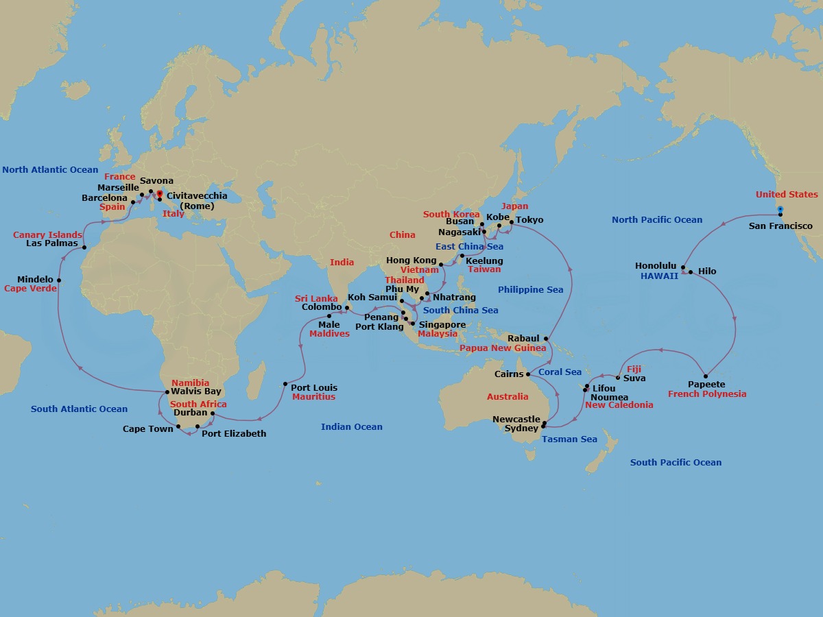 100 Night - Round World from San Francisco - Costa Deliziosa - Starting in San Francisco, Honolulu, Hilo, Papeete (Tahiti), Suva, Lifou (Loyalty Islands), Noumea, Sydney AU, Newcastle UK, New South Wales, Cairns, Rabaul, Tokyo, Kobe (Kyoto), Nagasaki, Pusan, Keelung (Taipei), Hong Kong, Nha Trang, Phu My (Ho Chi Minh City), Koh Samui, Singapore, Port Kelang (Kuala Lumpur), Penang, Colombo, Male, Port Louis, Durban, Port Elizabeth ZA, Cape Town, Walvis Bay, Mindelo (Sao Vicente), Las Palmas (Gran Canaria), Barcelona, Marseille, Savona, Civitavecchia (Rome) itinerary map