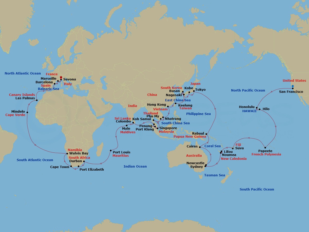 99 Night - Round World from San Francisco - Costa Deliziosa - Starting in San Francisco, Honolulu, Hilo, Papeete (Tahiti), Suva, Lifou (Loyalty Islands), Noumea, Sydney AU, Newcastle UK, New South Wales, Cairns, Rabaul, Tokyo, Kobe (Kyoto), Nagasaki, Pusan, Keelung (Taipei), Hong Kong, Nha Trang, Phu My (Ho Chi Minh City), Koh Samui, Singapore, Port Kelang (Kuala Lumpur), Penang, Colombo, Male, Port Louis, Durban, Port Elizabeth ZA, Cape Town, Walvis Bay, Mindelo (Sao Vicente), Las Palmas (Gran Canaria), Barcelona, Marseille, Savona itinerary map
