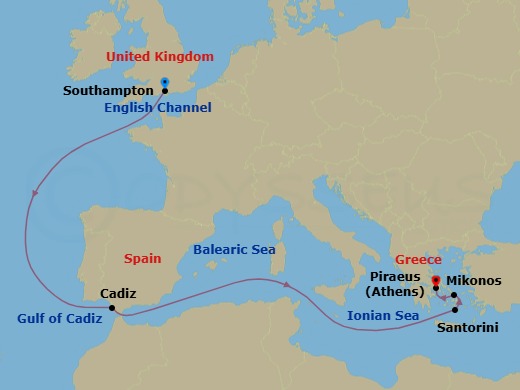 9 Night - Spain and Greek Islands - Queen Anne - Starting in Southampton, England, UK, Cadiz (tours to Seville), Spain, Santorini, Greece, Mykonos, Greece, Piraeus (tours to Athens), Greece itinerary map