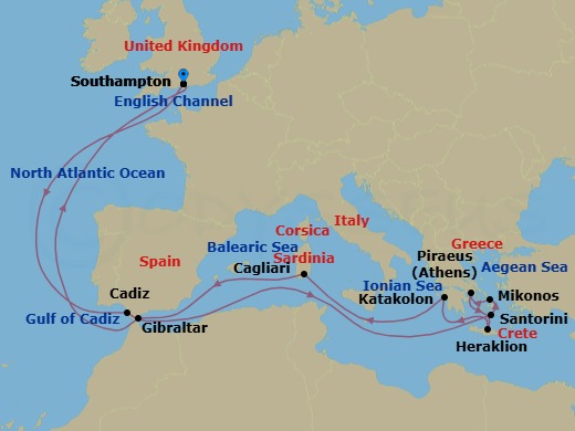 19 Night - Mediterranean and Greek Islands - Queen Anne - Starting in Southampton, England, UK, Cadiz (tours to Seville), Spain, Santorini, Greece, Mykonos, Greece, Piraeus (tours to Athens), Greece, Heraklion, Crete, Greece, Katakolon (tours to Olympia), Greece, Cagliari, Sardinia, Italy, Gibraltar, Southampton, England, UK itinerary map