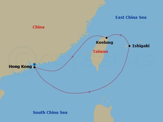 5 Night - Ishigaki & Taipei Cruise - Voyager of the Seas - Starting in Hong Kong, China, Ishigaki, Japan, Taipei (Keelung), Taiwan, China, Hong Kong, China itinerary map