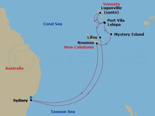11 Night - Royal Beach Club Lelepa South Pac - Voyager of the Seas - Starting in Sydney AU, Noumea, New Caledonia, Mystery Island, Vanuatu, Vila, Vanuatu, Luganville, Vanuatu, Royal Beach Club Lelepa, Lifou, Loyalty Island, Sydney AU itinerary map