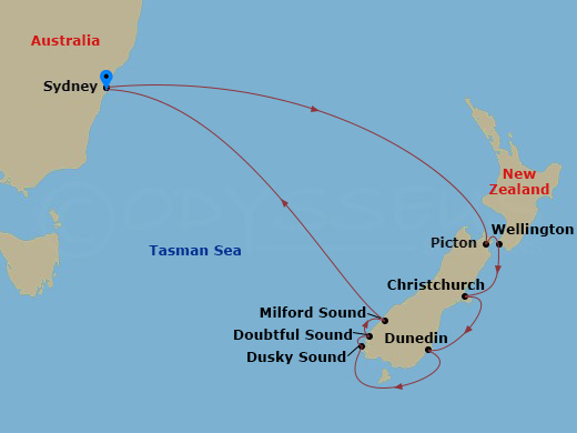 10 Night - New Zealand Holiday Cruise - Voyager of the Seas - Starting in Sydney AU, Picton, New Zealand, Wellington, New Zealand, Christchurch, New Zealand, Dunedin, New Zealand, Dusky Sound, Doubtful Sound, Milford Sound, New Zealand, Sydney AU itinerary map