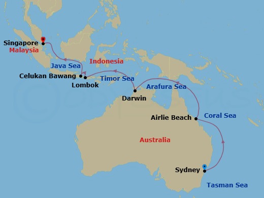 15 Night - Australia to Singapore Cruise - Voyager of the Seas - Starting in Sydney AU, Airlie Beach, Australia, Darwin, Australia, Lombok, Indonesia, Celukan Bawang, Indonesia, Singapore itinerary map