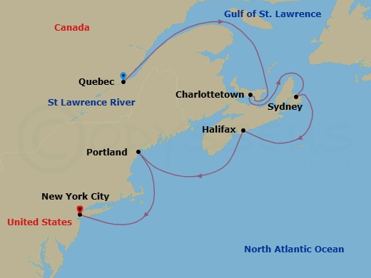 8 Night - Canada & New England - Norwegian Breakaway - Starting in Quebec City, Canada, Charlottetown, Prince Edward Island, Canada, Sydney NS, Cape Breton Island, Canada, Halifax, Canada, Portland ME, New York City, Ny itinerary map