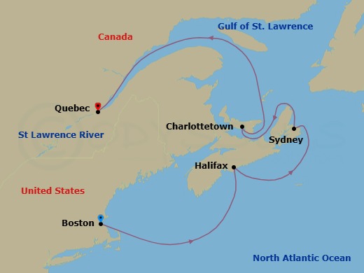 7 Night - Canada & New England - Norwegian Breakaway - Starting in Boston, Ma, Halifax, Canada, Sydney NS, Cape Breton Island, Canada, Charlottetown, Prince Edward Island, Canada, Quebec City, Canada itinerary map