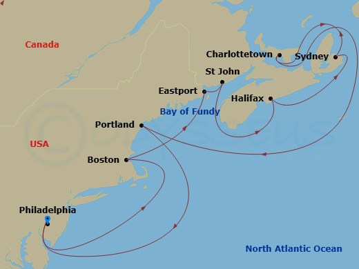 11 Night - Canada & New England - Philadelphia - Norwegian Dawn - Starting in Philadelphia, Pa, Boston, Ma, Eastport, ME, Saint John NB (Bay of Fundy), Halifax, Canada, Sydney NS, Cape Breton Island, Canada, Charlottetown, Prince Edward Island, Canada, Portland ME, Philadelphia, Pa itinerary map