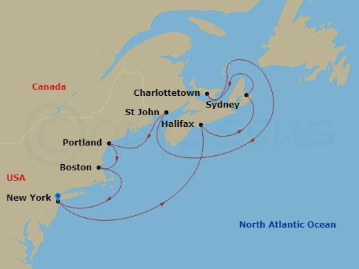 10 Night - Canada & New England - New York - Norwegian Gem - Starting in New York City, Ny, Halifax, Canada, Sydney NS, Cape Breton Island, Canada, Charlottetown, Prince Edward Island, Canada, Saint John NB (Bay of Fundy), Portland ME, Boston, Ma, New York City, Ny itinerary map