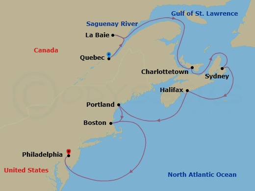 10 Night - Canada & New England - Norwegian Dawn - Starting in Quebec City, Canada, La Baie Saguenay River, Canada, Charlottetown, Prince Edward Island, Canada, Sydney NS, Cape Breton Island, Canada, Halifax, Canada, Portland ME, Boston, Ma, Philadelphia, Pa itinerary map