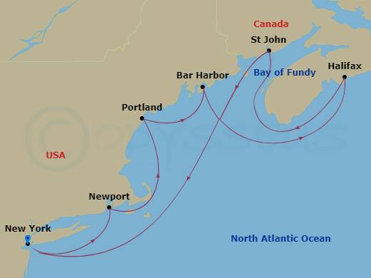 7 Night - Canada & New England - New York - Norwegian Gem - Starting in New York City, Ny, Boston, Ma, Portland ME, Halifax, Canada, Saint John NB (Bay of Fundy), New York City, Ny itinerary map