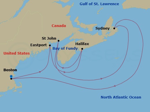 7 Night - Canada & New England - Boston - Norwegian Breakaway - Starting in Boston, Ma, Eastport, ME, Halifax, Canada, Saint John NB (Bay of Fundy), Sydney NS, Cape Breton Island, Canada, Boston, Ma itinerary map
