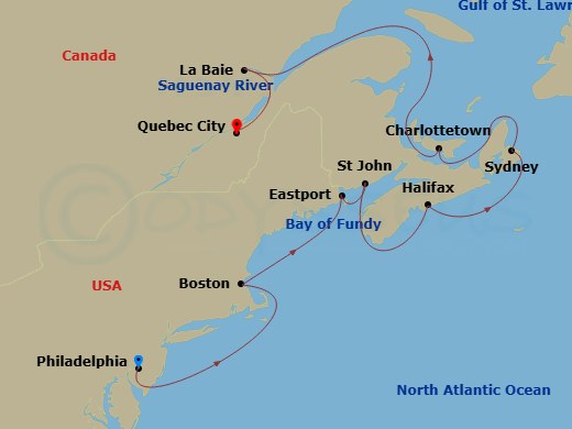 11 Night - Canada & New England - Philadelphia - Norwegian Dawn - Starting in Philadelphia, Pa, Boston, Ma, Eastport, ME, Saint John NB (Bay of Fundy), Halifax, Canada, Sydney NS, Cape Breton Island, Canada, Charlottetown, Prince Edward Island, Canada, La Baie Saguenay River, Canada, Quebec City, Canada itinerary map