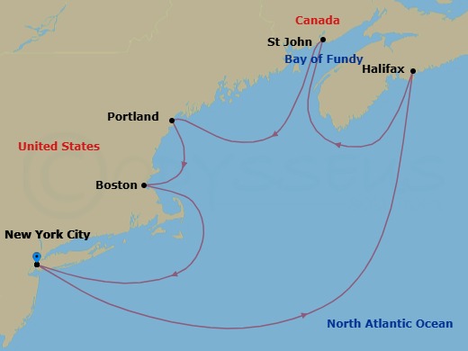 7 Night - Canada & New England - New York - Norwegian Gem - Starting in New York City, Ny, Halifax, Canada, Saint John NB (Bay of Fundy), Portland ME, Boston, Ma, New York City, Ny itinerary map