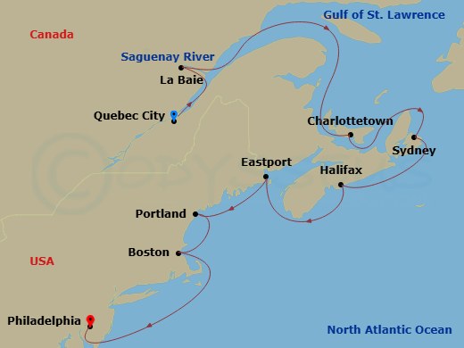 10 Night - Canada & New England - Norwegian Dawn - Starting in Quebec City, Canada, La Baie Saguenay River, Canada, Charlottetown, Prince Edward Island, Canada, Sydney NS, Cape Breton Island, Canada, Halifax, Canada, Eastport, ME, Portland ME, Boston, Ma, Philadelphia, Pa itinerary map