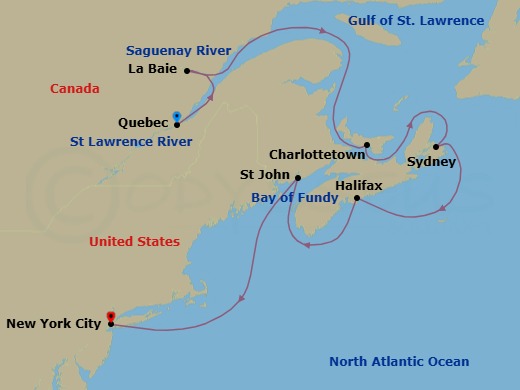 8 Night - Canada & New England - New York - Norwegian Gem - Starting in Quebec City, Canada, La Baie Saguenay River, Canada, Charlottetown, Prince Edward Island, Canada, Sydney NS, Cape Breton Island, Canada, Halifax, Canada, Saint John NB (Bay of Fundy), New York City, Ny itinerary map