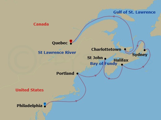 9 Night - Canada & New England - Norwegian Gem - Starting in Philadelphia, Pa, Portland ME, Saint John NB (Bay of Fundy), Halifax, Canada, Sydney NS, Cape Breton Island, Canada, Charlottetown, Prince Edward Island, Canada, Quebec City, Canada itinerary map