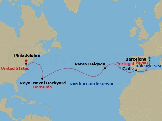 13 Night - Repo - Transatlantic - Norwegian Dawn - Starting in Barcelona, Spain, Cadiz / Seville, Spain, Ponta Delgada, Portugal, Royal Naval Dockyard, Bermuda, Philadelphia, Pa itinerary map