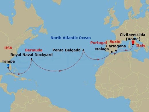 15 Night - Bermuda & Spain Transatlantic - Celebrity Constellation - Starting in Tampa, Florida, Royal Naval Dockyard, Bermuda, Ponta Delgada, Azores, Malaga, Spain, Cartagena ES, Rome (Civitavecchia), Italy itinerary map