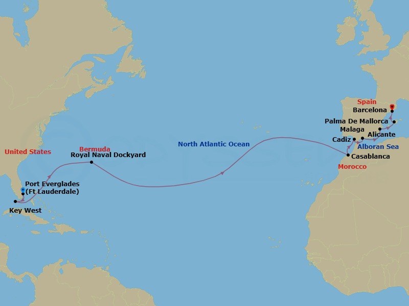 16 Night - Spain & Morocco Transatlantic - Celebrity Eclipse - Starting in Fort Lauderdale, Florida, Key West, Florida, Royal Naval Dockyard, Bermuda, Casablanca, Morocco, Seville (Cadiz), Spain, Malaga, Spain, Alicante, Spain, Palma De Mallorca, Spain, Barcelona, Spain itinerary map