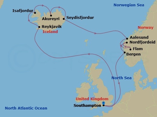 14 Night - Iceland & Norway - Celebrity Beyond - Starting in Southampton, England, Reykjavik, Iceland, Isafjordur, Iceland, Akureyri, Iceland, Seydisfjordur, Iceland, Alesund, Norway, Flam, Norway, Nordfjordeid, Norway, Bergen, Norway, Southampton, England itinerary map