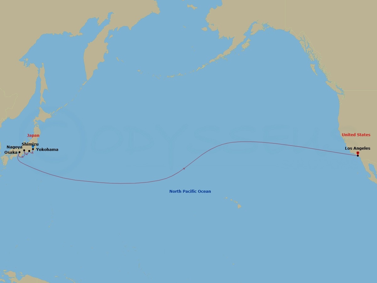 17 Night - Tokyo to Los Angeles Cruise - Navigator of the Seas - Starting in Tokyo (Yokohama), Japan, Mount Fuji (Shimizu), Japan, Nagoya, Japan, Osaka, Japan, International Dateline, Los Angeles, California itinerary map