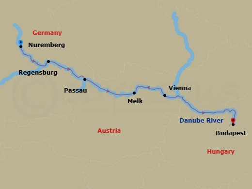 9 Night - Iconic Christmas Markets with Budapest Post-Cruise - AmaBella Tours - Starting in Nuremberg, Regensburg, Passau, Melk, Vienna, Budapest itinerary map