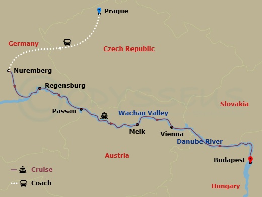 10 Night - Iconic Christmas Markets with Prague Pre-Cruise - AmaBella Tours - Starting in Prague, Nuremberg, Regensburg, Passau, Melk, Vienna, Budapest itinerary map