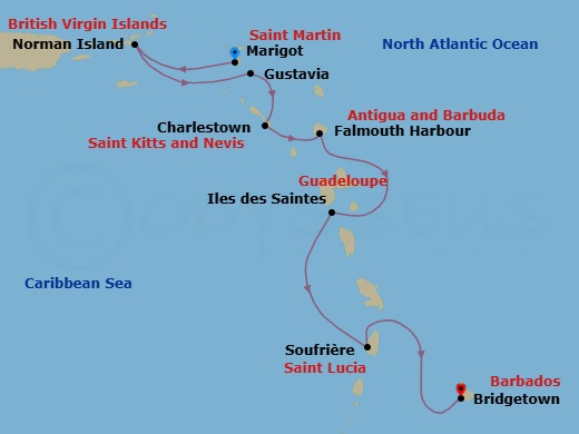7 Night - Eastern Caribbean with St. Barths - Emerald Azzurra - Starting in Marigot, Saint Martin, Norman Island, British Virgin Islands, Gustavia, Saint Barthelemy, Charlestown, Saint Kitts and Nevis / Cades Bay, Saint Kitts and Nevis, Falmouth Bay (English Harbour), Antigua and Barbuda, Iles des Saintes, Guadeloupe, Soufriere, Saint Lucia, Bridgetown, Barbados itinerary map