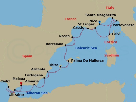 15 Night - Discover the French and Spanish Rivieras - Emerald Sakara - Starting in Nice, France, Santa Margherita Ligure, Italy / Portofino, Italy, Porto Venere, Italy, Calvi, France, Saint-Tropez, France, Cassis, France, Roses, Spain, Barcelona, Spain, Palma De Mallorca, Spain, Ibiza, Spain, Alicante, Spain, Cartagena ES, Almeria, Spain, Gibraltar, Cadiz, Spain, Malaga, Spain itinerary map