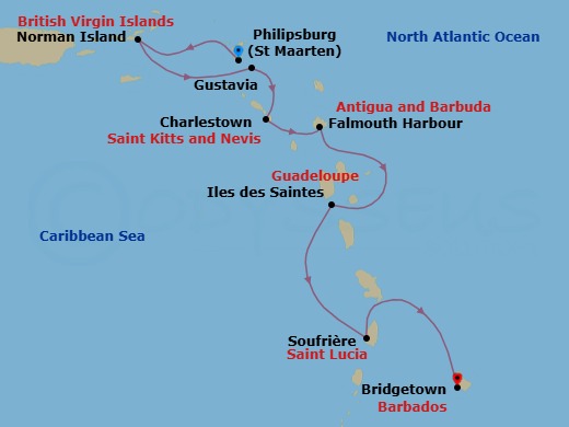 7 Night - Eastern Caribbean with St. Barths - Emerald Azzurra - Starting in Philipsburg, Sint Maarten, Norman Island, British Virgin Islands, Gustavia, Saint Barthelemy, Charlestown, Saint Kitts and Nevis / Cades Bay, Saint Kitts and Nevis, Falmouth Bay (English Harbour), Antigua and Barbuda, Iles des Saintes, Guadeloupe, Soufriere, Saint Lucia, Bridgetown, Barbados itinerary map