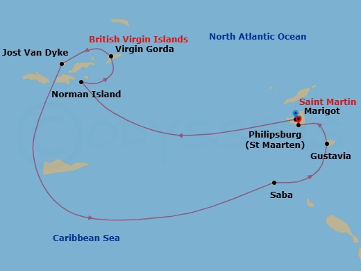 7 Night - Cruising the Leeward Islands - Emerald Azzurra - Starting in Marigot, Saint Martin, Marigot, Saint Martin, Anguilla, Norman Island, British Virgin Islands, Virgin Gorda, British Virgin Islands, Jost van Dyke, British Virgin Islands, Saba, Bonaire, Saint Eustatius and Saba / Gustavia, Saint Barthelemy, Gustavia, Saint Barthelemy, Philipsburg, Sint Maarten itinerary map